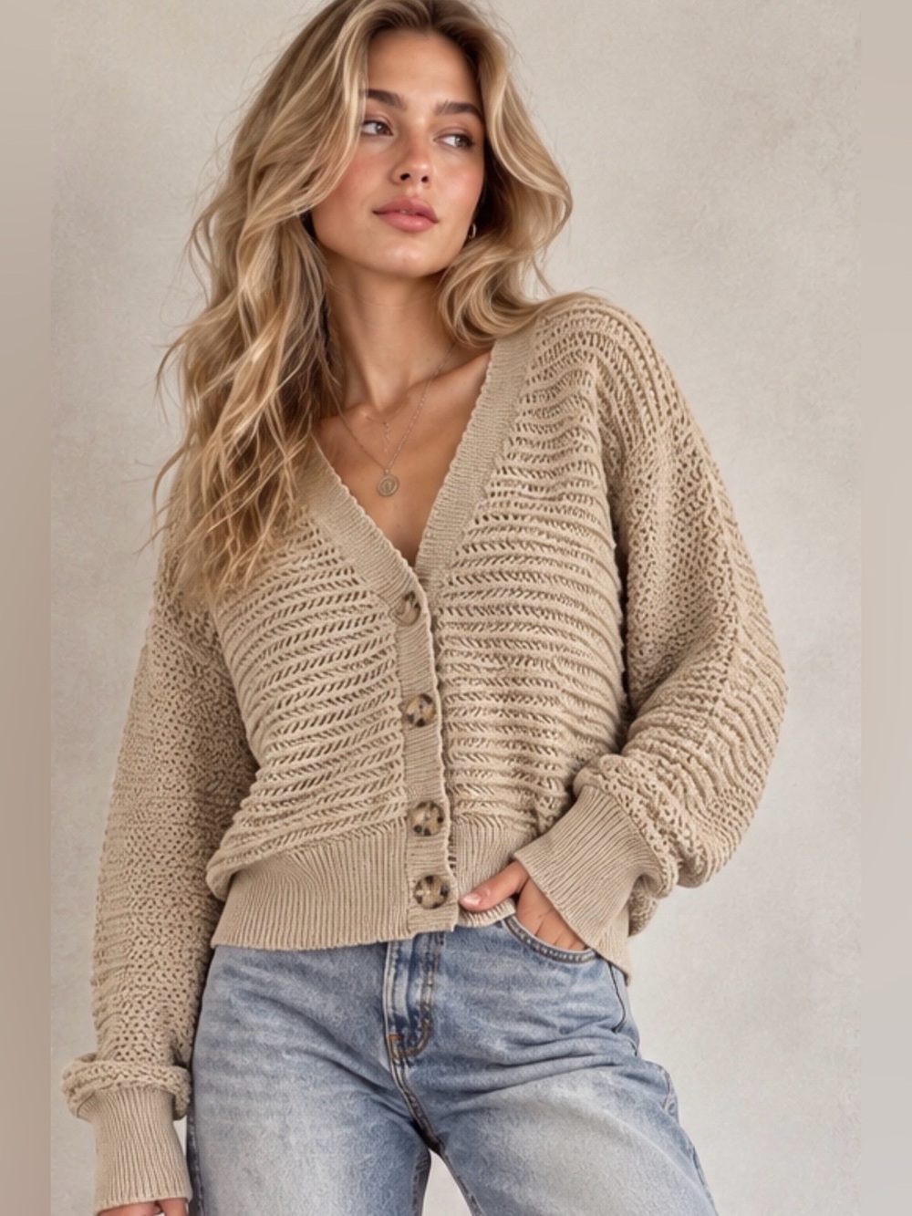 Ann Taylor Cotton size L Women's Beige Crochet Knit Button-Up Cardigan Sweater